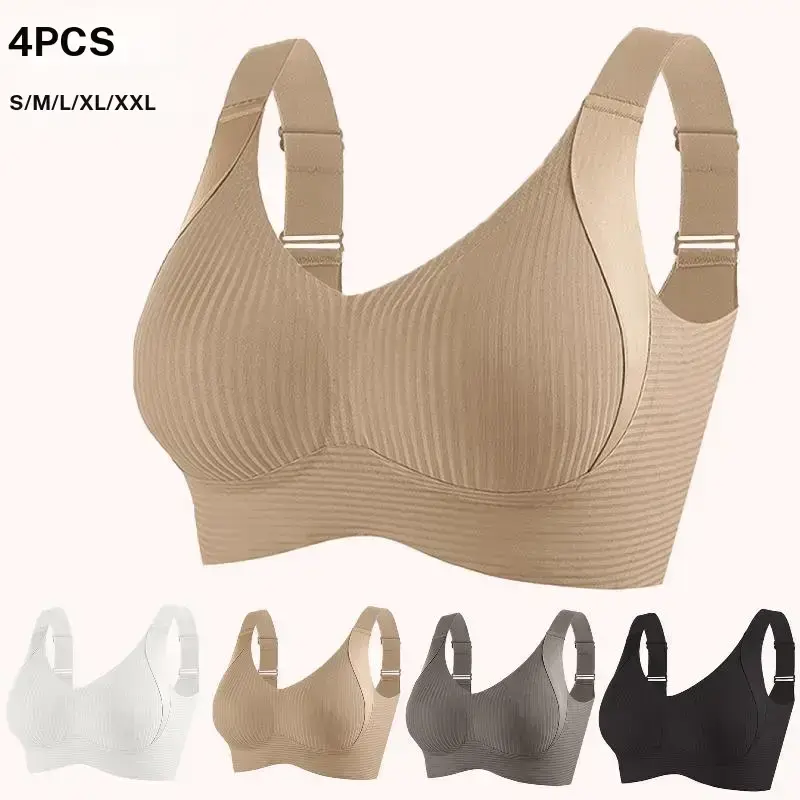 EssElegance FZ 2/4PCS Women's Solid Wireless Bra, Comfortable Breathable Push Up Bra, Softness Lightweight Lingerie for All Seasons, Womenswear Lingerie for All Seasons, girl,Soft Comfortable Breathable Ribbed Push Up Seamless Bra, gift Fit Wrap SpringSta