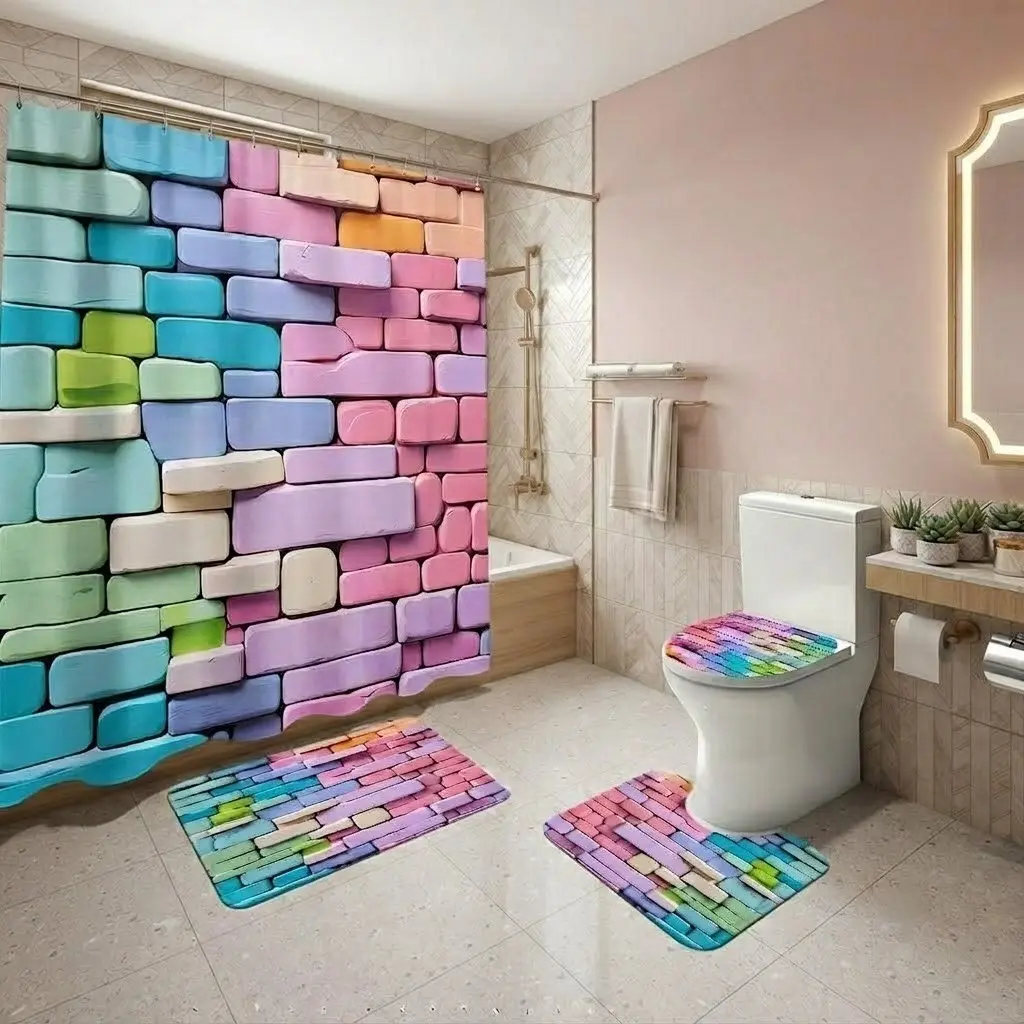 4pcs Pastel Rainbow Color Brick Wall Pattern Patchwork Shower Curtain Set, The floor mat fabric is thicker and softer! Toilet Seat Cover, Non-Slip Bath Mats, Elegant Bathroom Decor Gift
