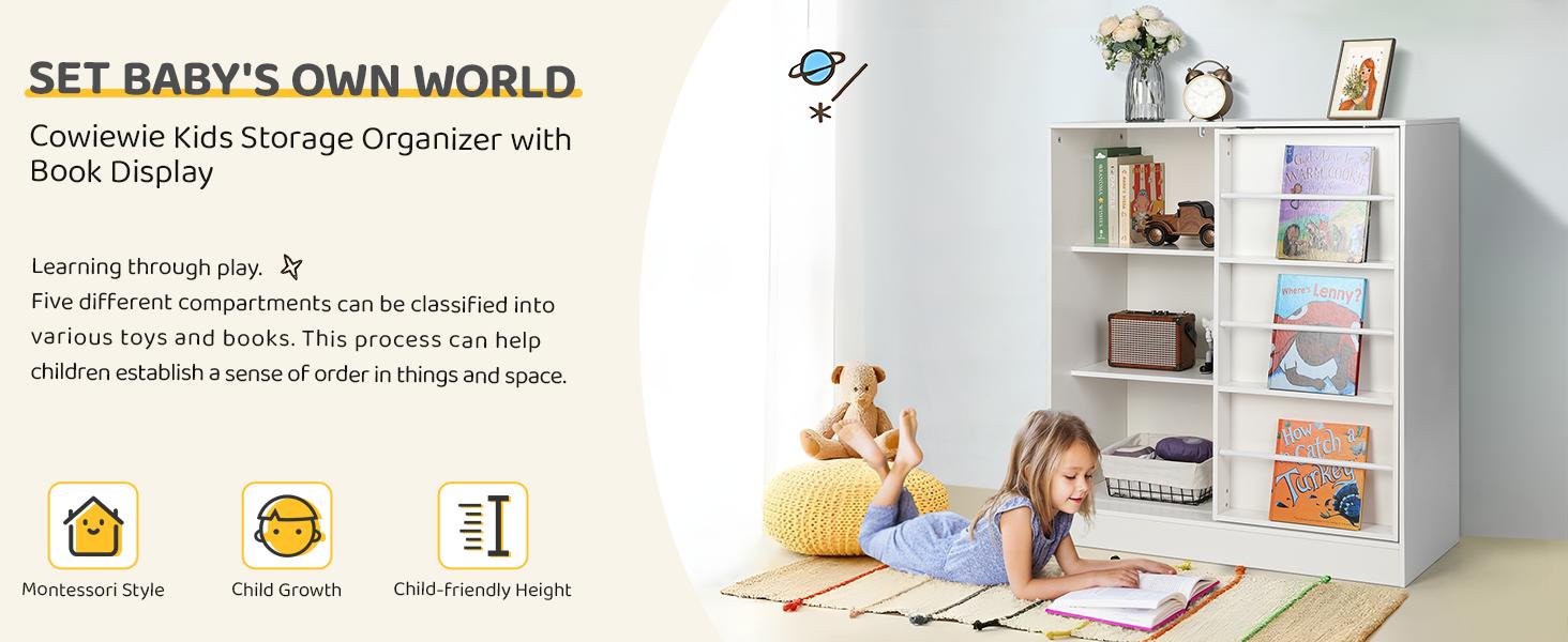 Kid Bookshelf & Toy Storage Organizer with Sliding Door, Toy Box Chest for Playroom Bedroom Living Room