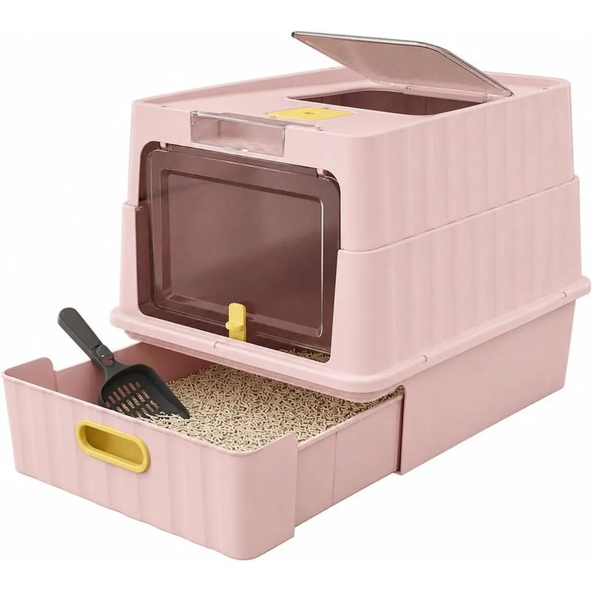 Covered Litter Box, Large Enclosed Top-Entry Cat Litter Box with Pull-Out Drawer, Pink Odor-Resistant Hooded Cat Toilet, Anti-Splashing Easy Clean Litter House for Indoor Cats & Kittens, Free Litter Scoop Included