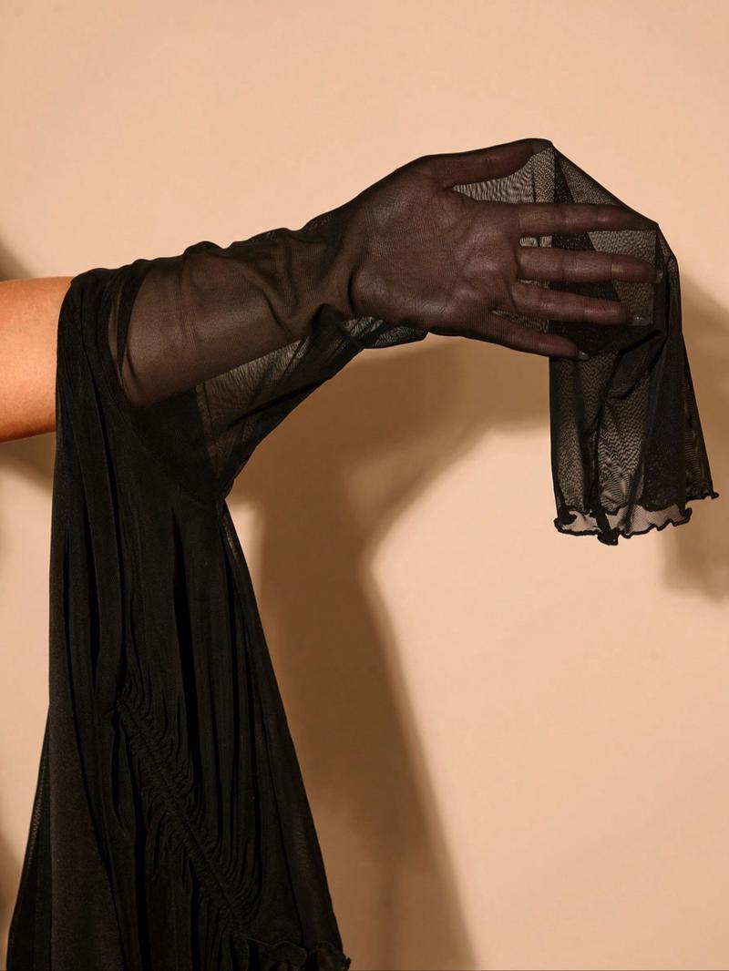 Plus Size Women's Mesh Top, Asymmetrical Shoulder Drawstring Long Sleeve Shirt, Semi-Transparent Slim Fit, Casual & Formal Wear