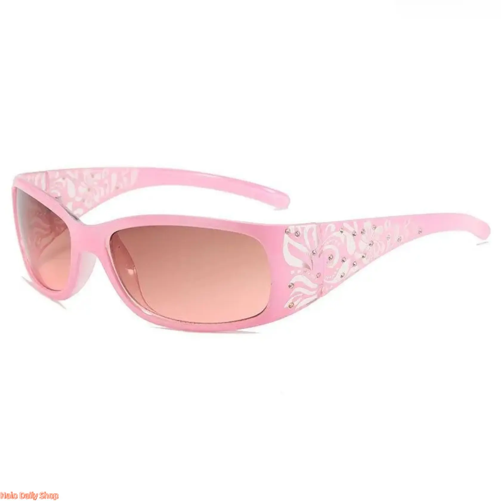 Y2K Pink Wrap Around Sunglasses for Women, Rhinestone Floral UV400 Protection Vintage Shades