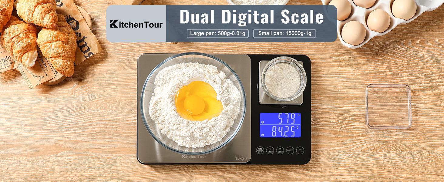 KitchenTour Dual Platform Food, 0.001oz/33lb Scales Weight Grams and Ounces for Home Cooking Baking Meal Prep Sourdough Bread, Stainless