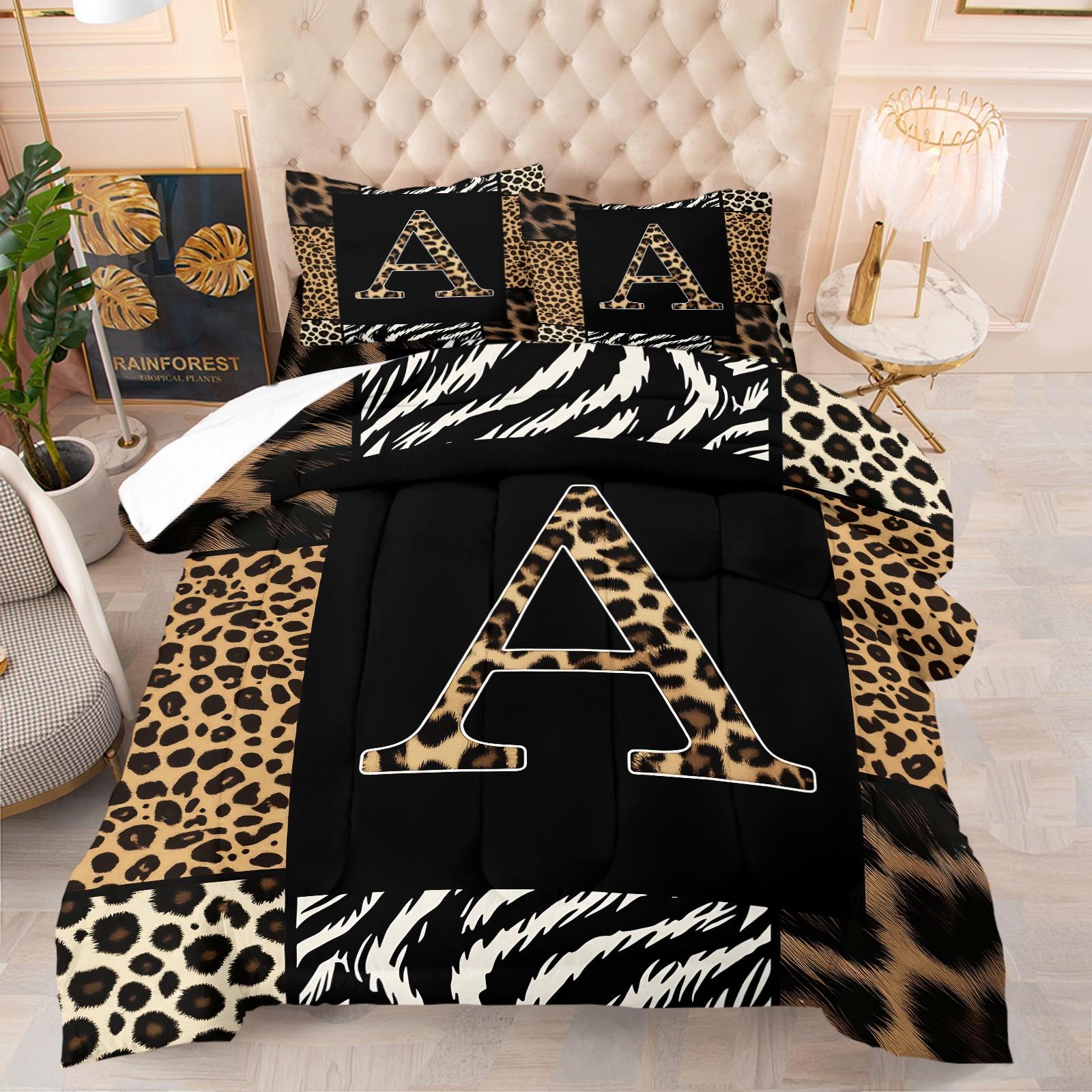 Wild Patchwork First Letter Print Comforter Set & 1-2 Pillowcases No Core, Leopard Print Letters A-Z, Zebra, Hair Texture Collage Pattern, Soft Warm Bedding, Wild Sexy Bedroom Decor, Ideal Gift Choice