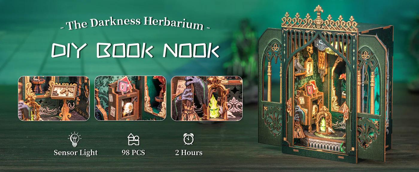 CUTEBEE DIY Book Nook Kit The Darkness Herbarium – Wooden Miniature Fantasy Scene with LED Light | Handmade 3D Dollhouse Decor, Holiday and Christmas Gift for Adults