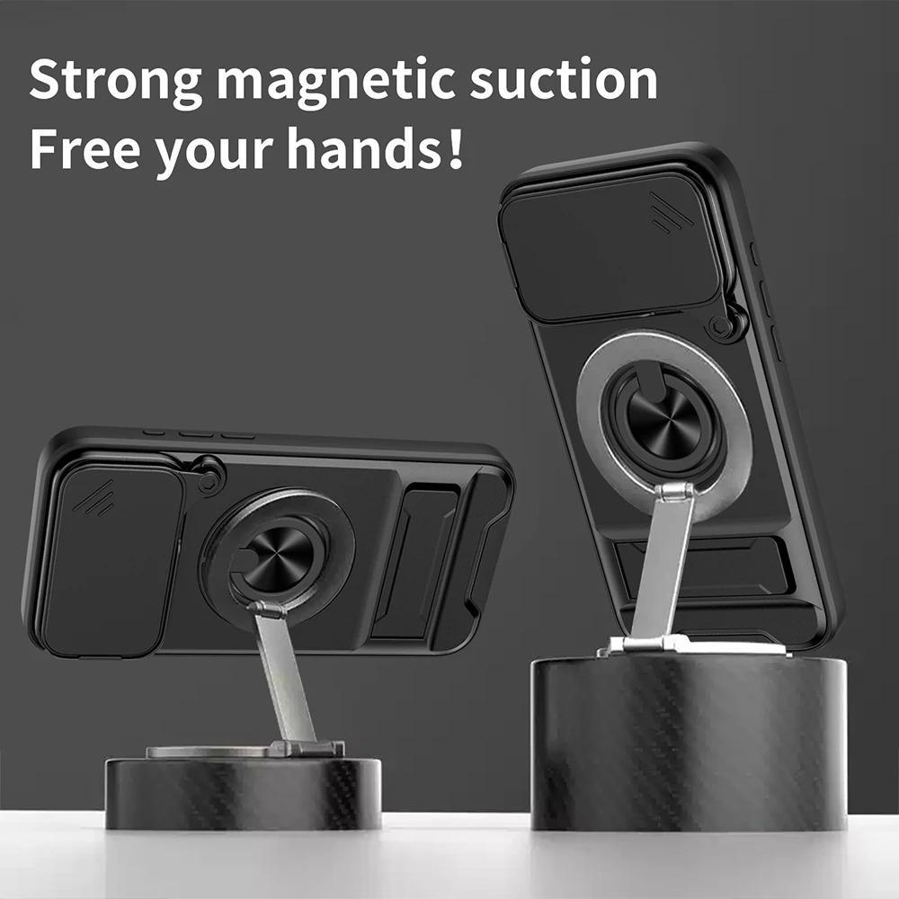 Phone Case: 3pcs Set[1 Phone Case+2 Screen Protectors] Luxury Multi-Functional Creative Push Window Rotating Ring Stand Phone Case Compatible with iPhone 17 16 15 14 13 12 11 Pro Max Plus Durable Fashion Magnetic Wireless Charging Shockproof Lens