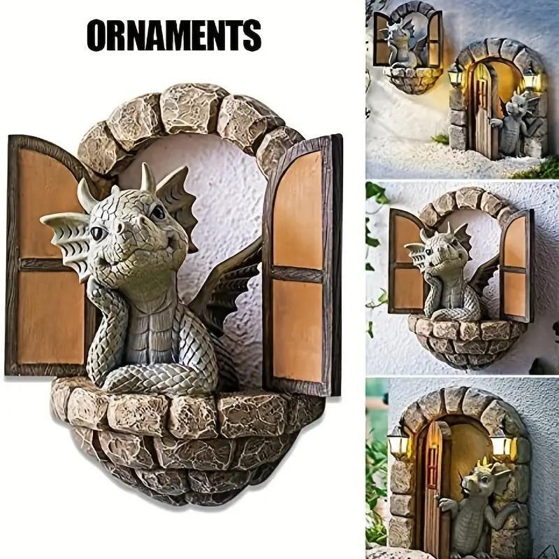 Creative Cartoon Dragon Design Garden Decor, Resin Dragon Statue, Outdoor Wall Decor for Garden Patio Yard, Unique Garden Ornament