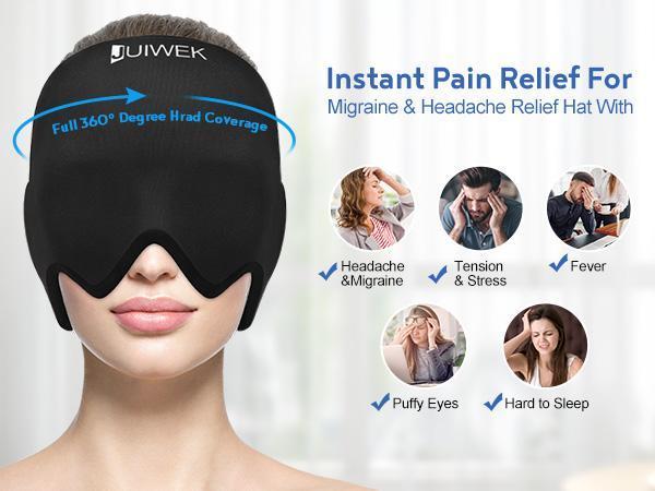 Migraine Relief Hat, Migraine Ice Pack Headband — Migraine Cold and Hot Therapy, Stress Relief Headache Eye Mask, Ice Pack Head Wrap, Suitable for Sinusitis, Swollen Eyes, and Tension Black Sleepmask