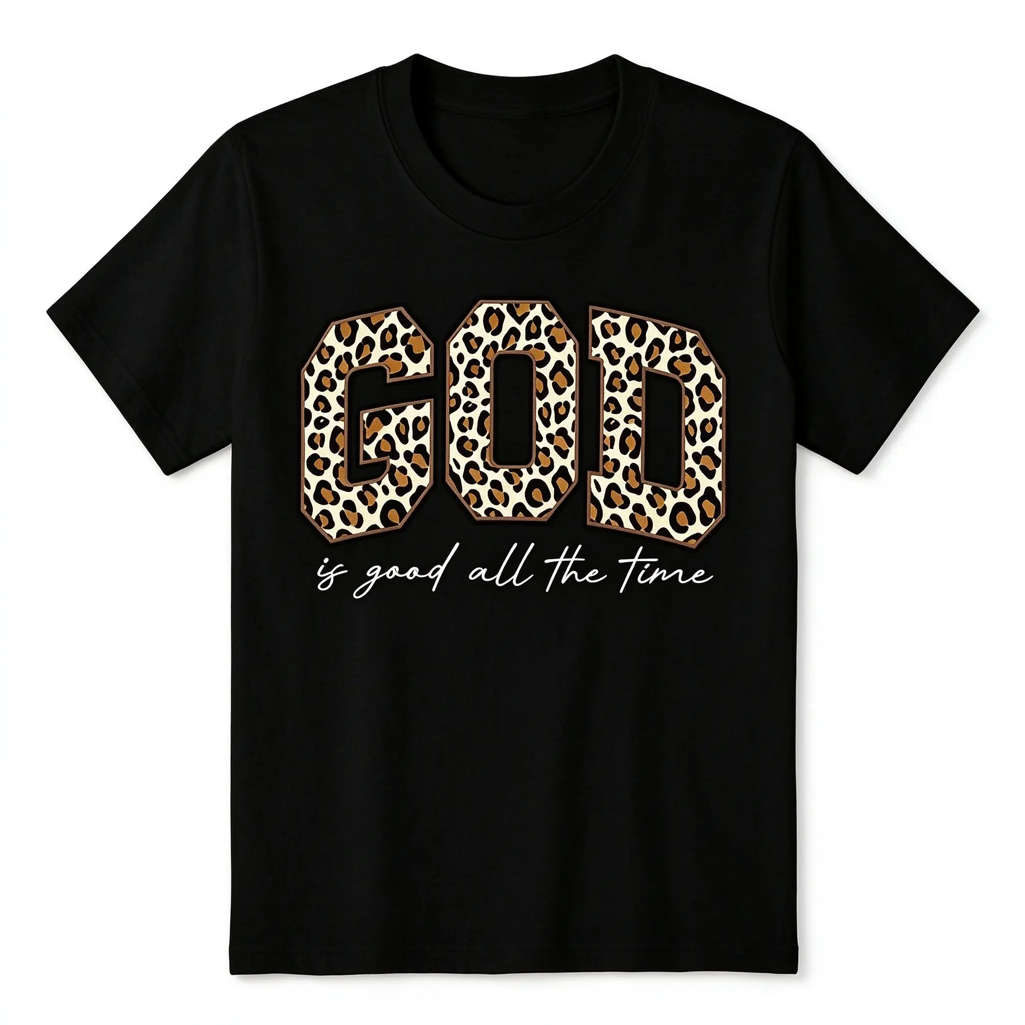 Women's 180gsm Pure Cotton Leopard Print "GOD Good Time" Round Neck T-Shirt, Loose Fit, Meat-Blocking Fabric, Versatile for Jeans or Long Skirts