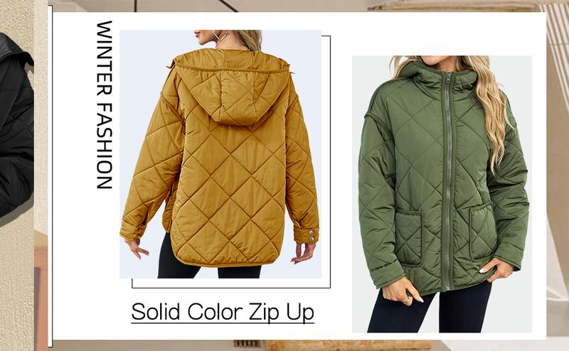 Danedvi Womens Quilted Puffer Jacket Hooded Long Sleeve Zip Up Winter Coat Lightweight Warm Jackets with Pockets trench  coat  buttoned  top Casual Fabric Womenswear Polyester Outerwear Comfort Fitted Basic Minimalist