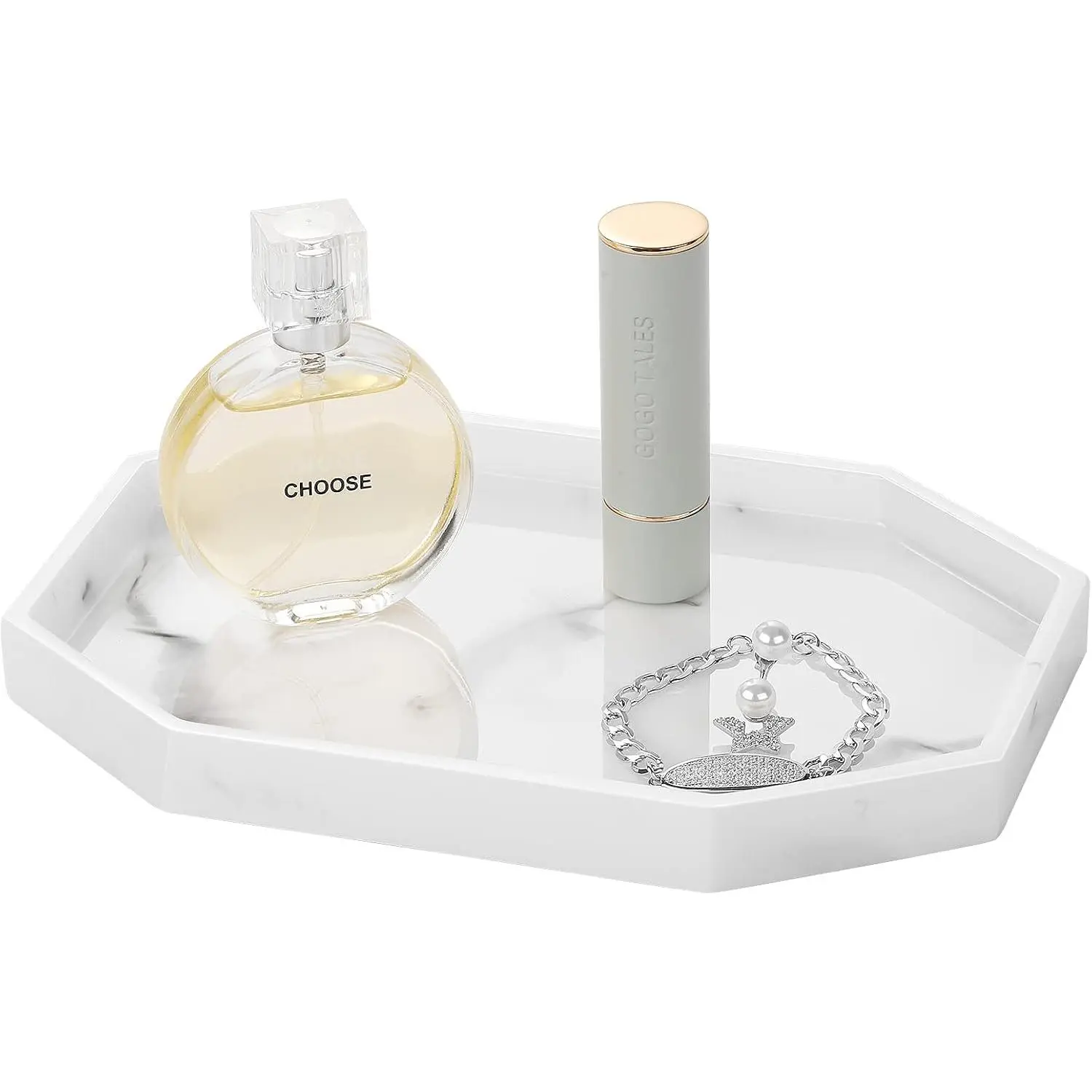 8" Small Octagon Bathroom  Decorative Tray   Dish | Decorative Perfume Tray  Ring Dish Tray, Tray for Bathroom Bedroom Kitchen Candle Perfume Soap Shampoo,Ink White