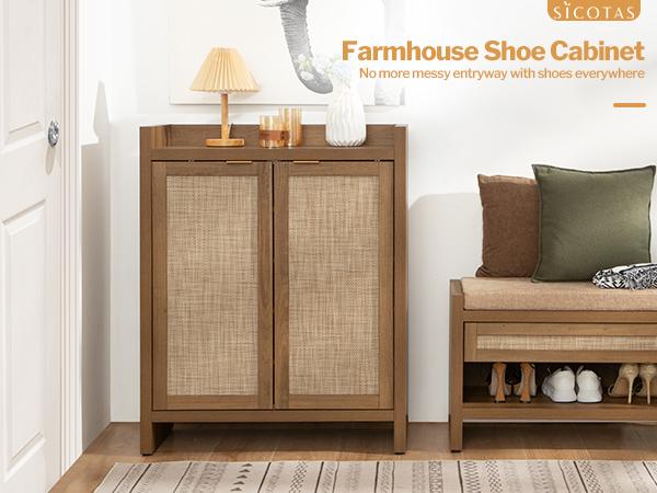 SICOTAS Shoe Cabinet, 24 Pair Shoe Storage Organizer Cabinet, 41" Tall Rattan Shoe Cabinet with Doors and Shelves, 6-Tier Farmhouse Boho Storage Cabinet for Entryway Hallway Closet Bedroom, Everlasting Design, Durable
