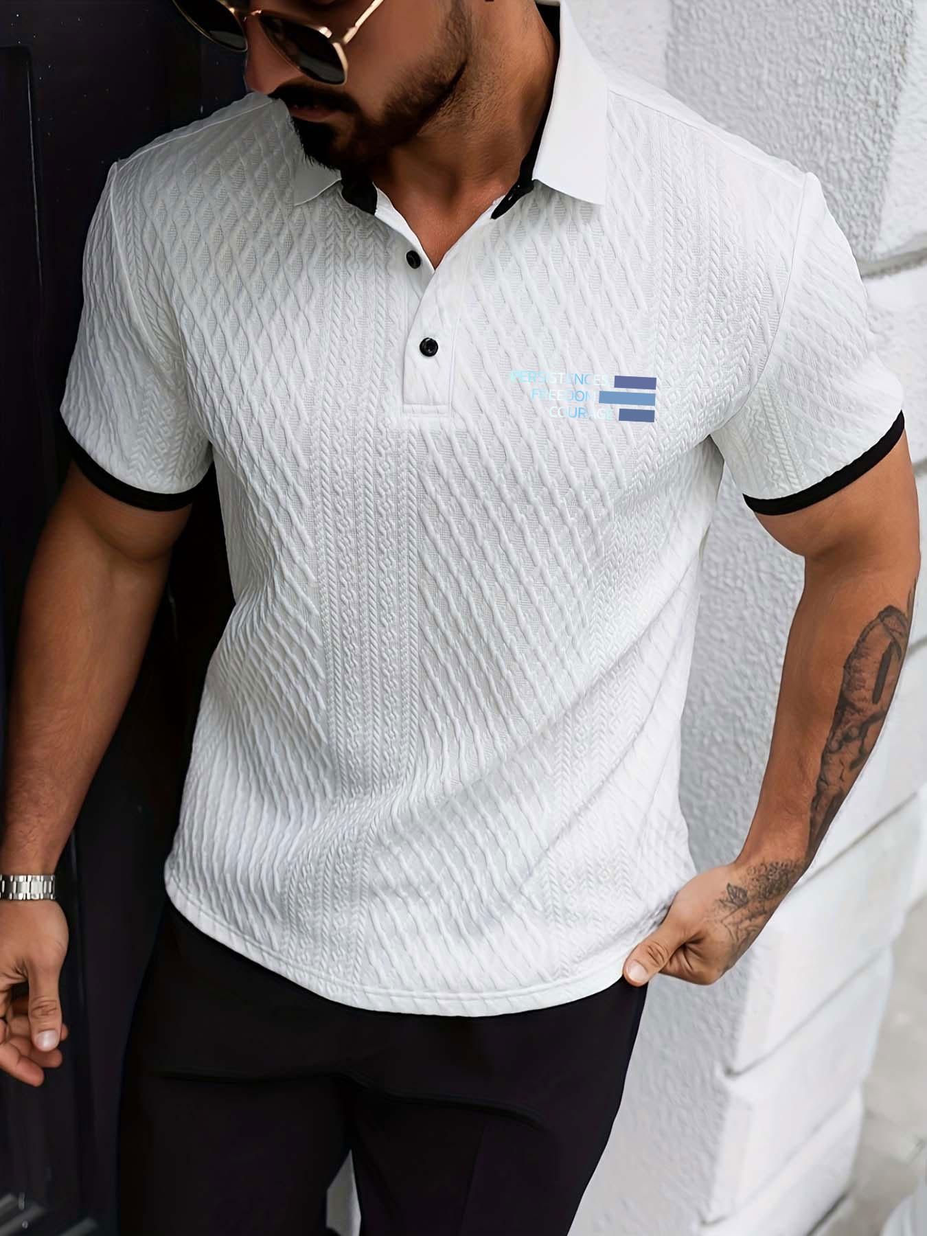 Men's Colorblock Polo Shirt with Textured Pattern, Button Short Sleeve, Geometric and Letter Print, Casual Daily Wear