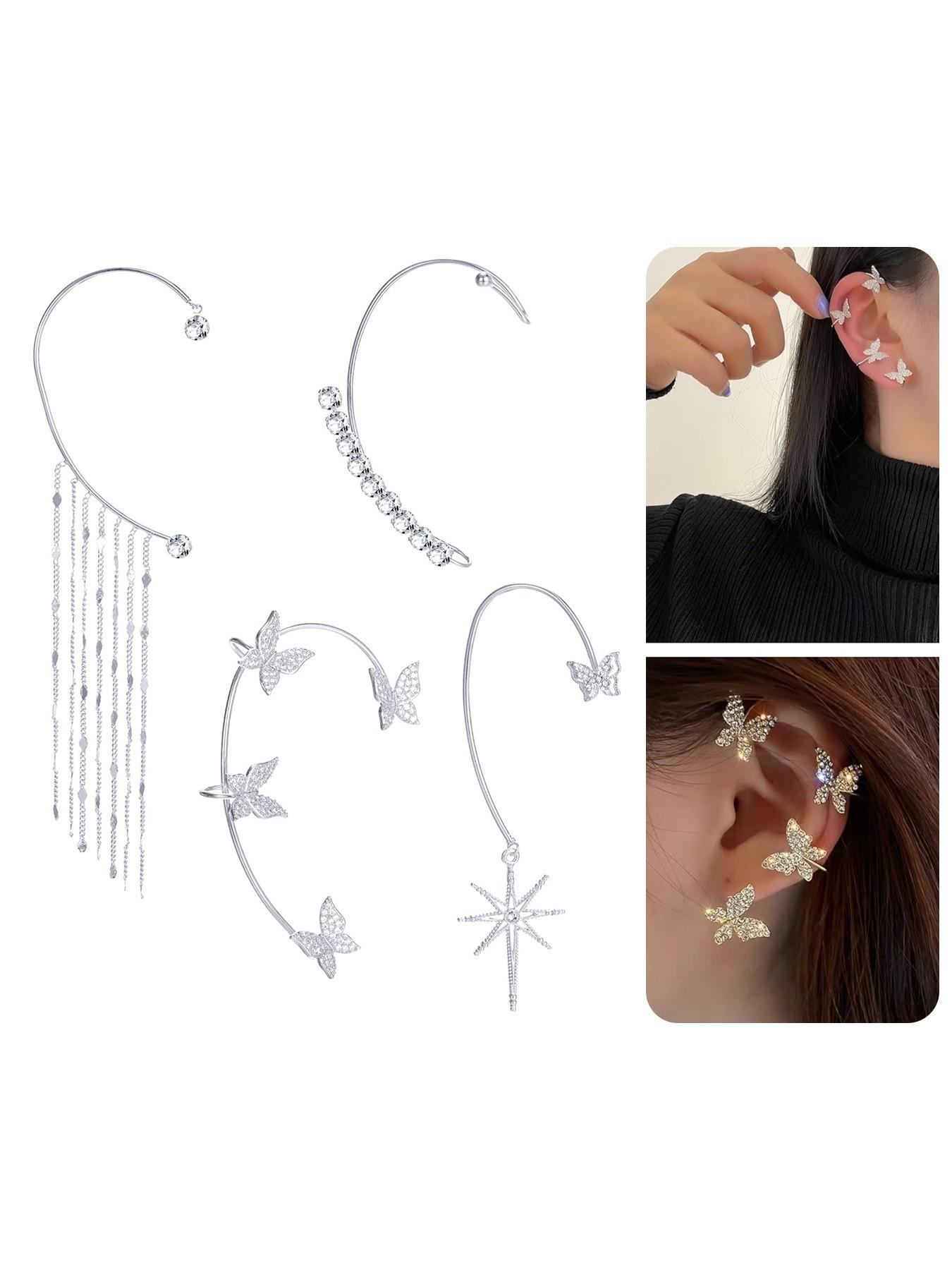 4Pcs Butterfly Long Tassel Ear Cuff Dangle Chain Earrings Wrap Crawler CZ Ear Clip Wrap Around Fake Earrings for Women Silver Gold Tone Right Ear