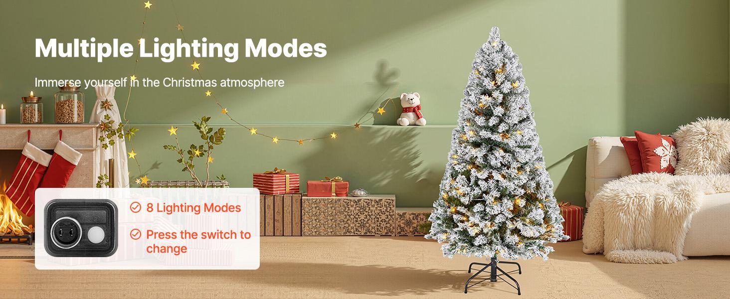 VEVOR Christmas Tree, 4ft Prelit Flocked Artificial Tree, Full Holiday Xmas Deco Trees with 120 Warm White LED Lights, 8 Lighting Modes 539 Branch Tips for Home Party Office Decoration