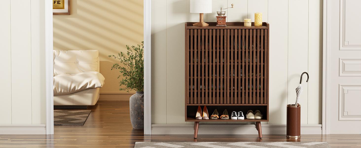 Vabches 6-Tier Shoe Cabinet with Grille Doors, Large Wooden Shoe Storage Cabinet with Adjustable Shelves, Mid-Centery Freestanding Shoe Organizer Cabinet for Entryway, Hallway