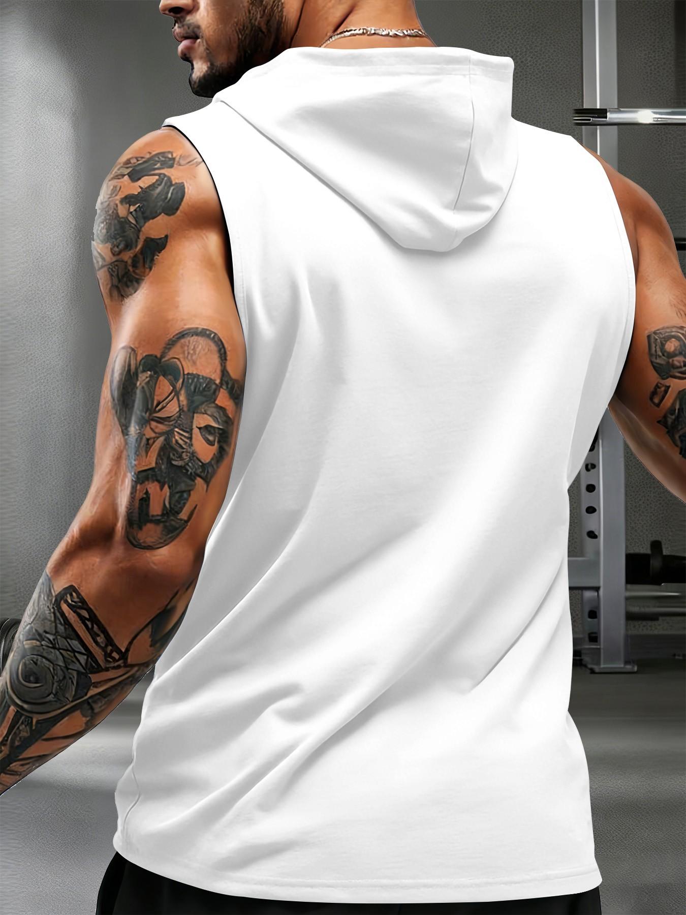 Trust in God Faith Slogan Print Sleeveless Hooded Vest for Men, Summer Fashion Religious Style, Sporty Geometric Pattern