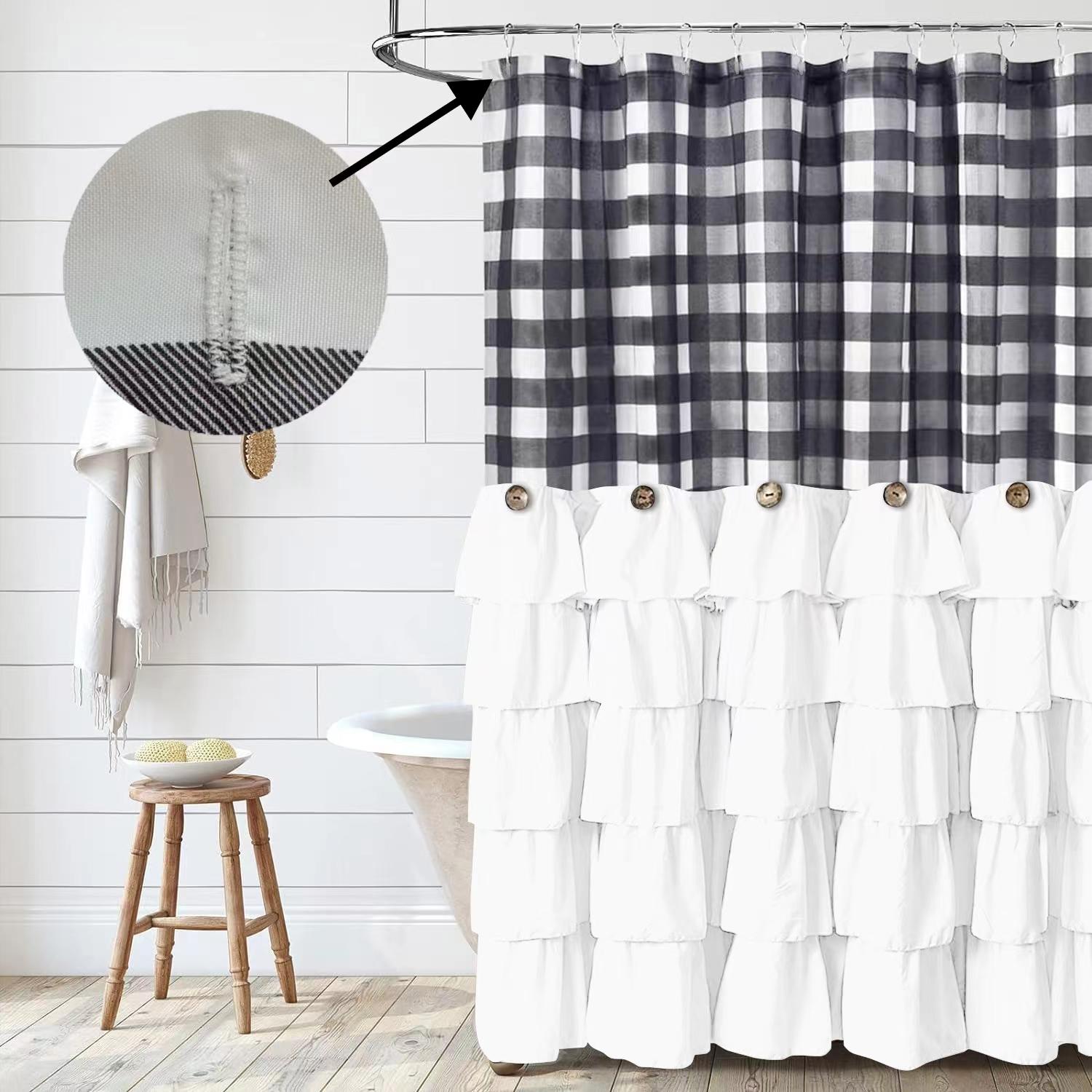 Ruffled Shower Curtain, 1 Count Plaid Pattern Bath Curtain with Button Accent, Lightweight Quick-dry Polyester Curtain for Bathroom Decor, Bathroom Decoration Accessories