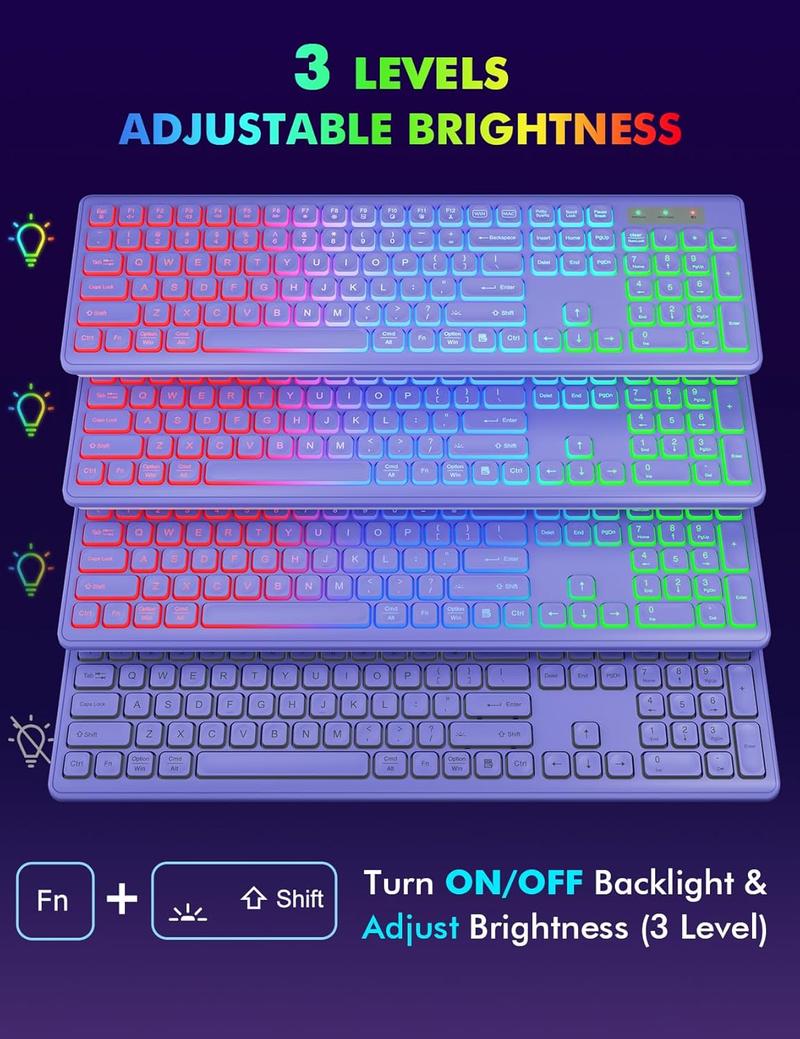 Wireless Keyboard and Mouse Combo - RGB Backlit, Rechargeable & Light Up Letters, Full-Size, Ergonomic Tilt Angle, Sleep Mode, 2.4GHz Quiet Keyboard Mouse for Mac, Windows, Laptop, PC