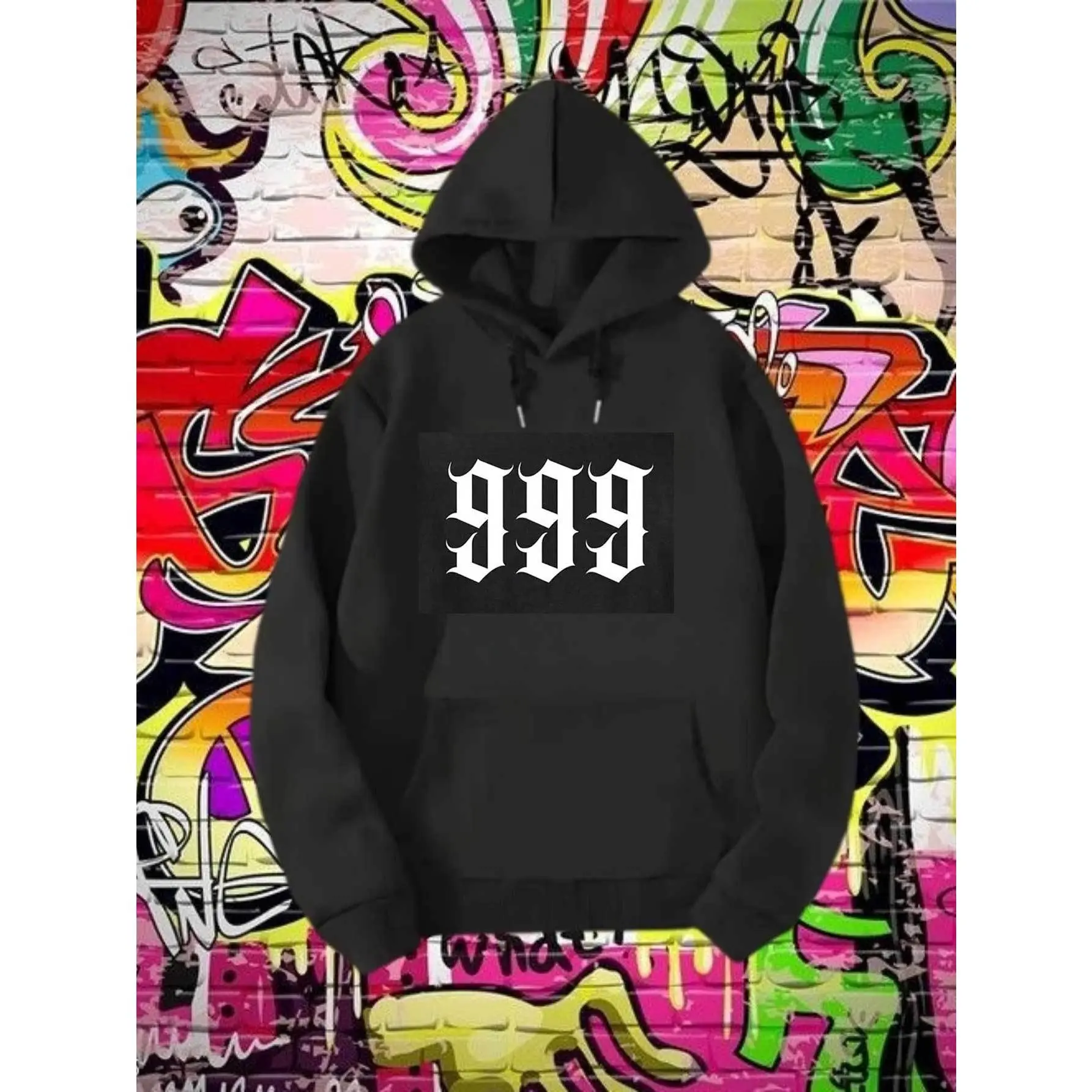 Men's 999 Number Print Hoodie - Black base with 999 print, front pocket, machine washable hoodie, casual wear with giant number design (mature style, all-over 999 design)