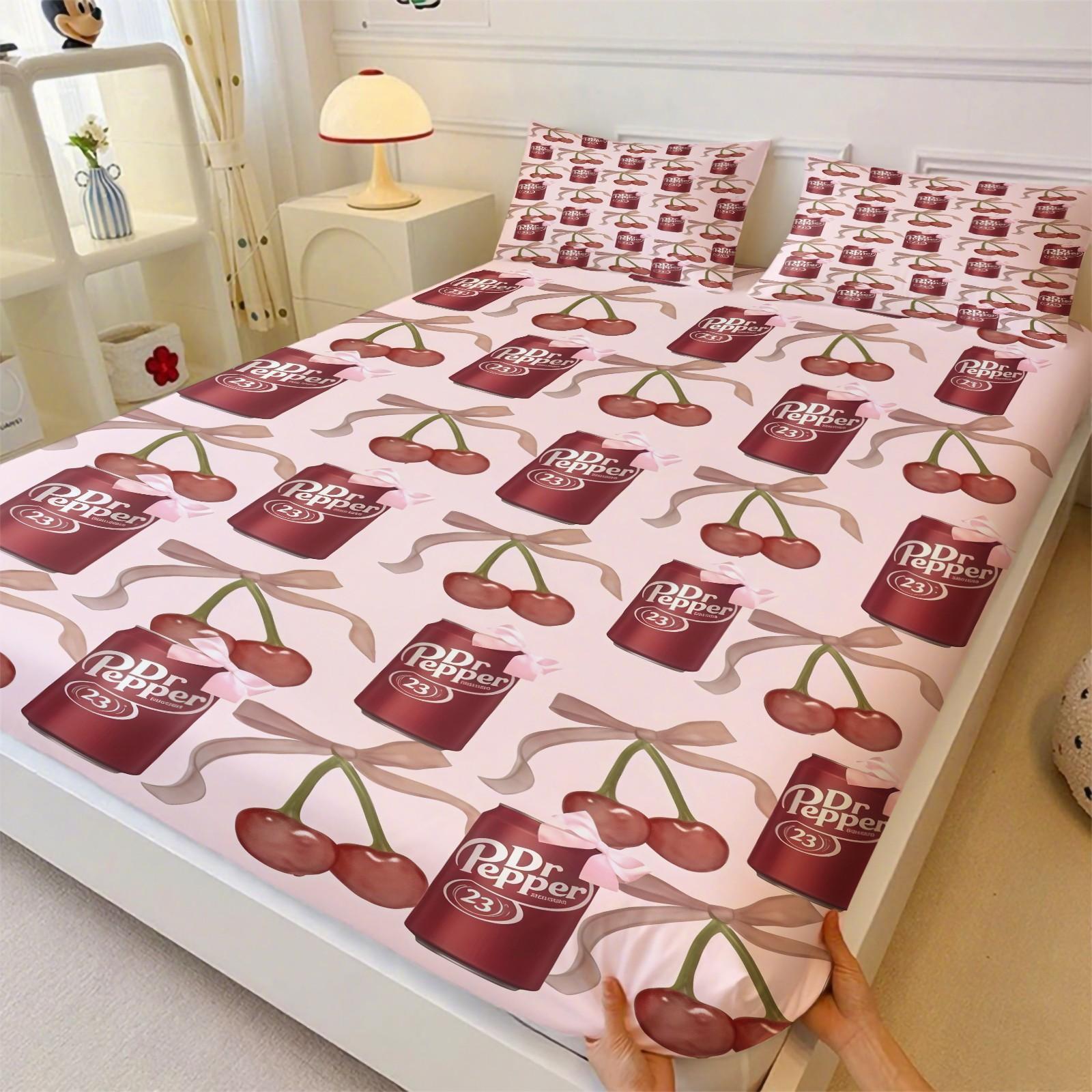 3 Piece Dr Pepper Cherry Fitted Sheet Set, 1 Fitted Sheet + 2 Pillowcases, Retro Soda Drink Pink Bow Bedding, Cute Girly Bedroom Decor for Soda Lovers, Ideal Gift for Dr Pepper Fans
