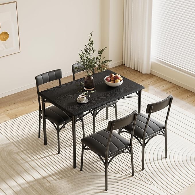 Kitchen Table Set with Chairs, Dining Table Set for 4, Metal and Wood Rectangular Dining Room Table Set with 4 Upholstered Chairs, 5 Piece Dining Set for Small Space, Apartment