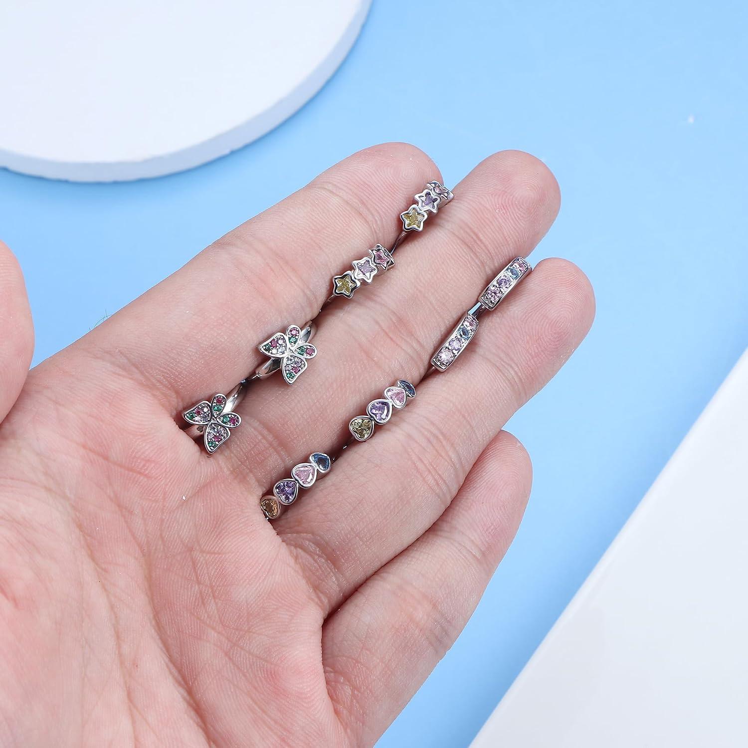 4 Pairs Small Silver Hoop Earrings for Women Girls, Hypoallergenic Heart Butterfly Zircon Cute Cartilage Earrings, Tiny Hoop Earrings Set for Kids Children in Pink/Blue/Purple