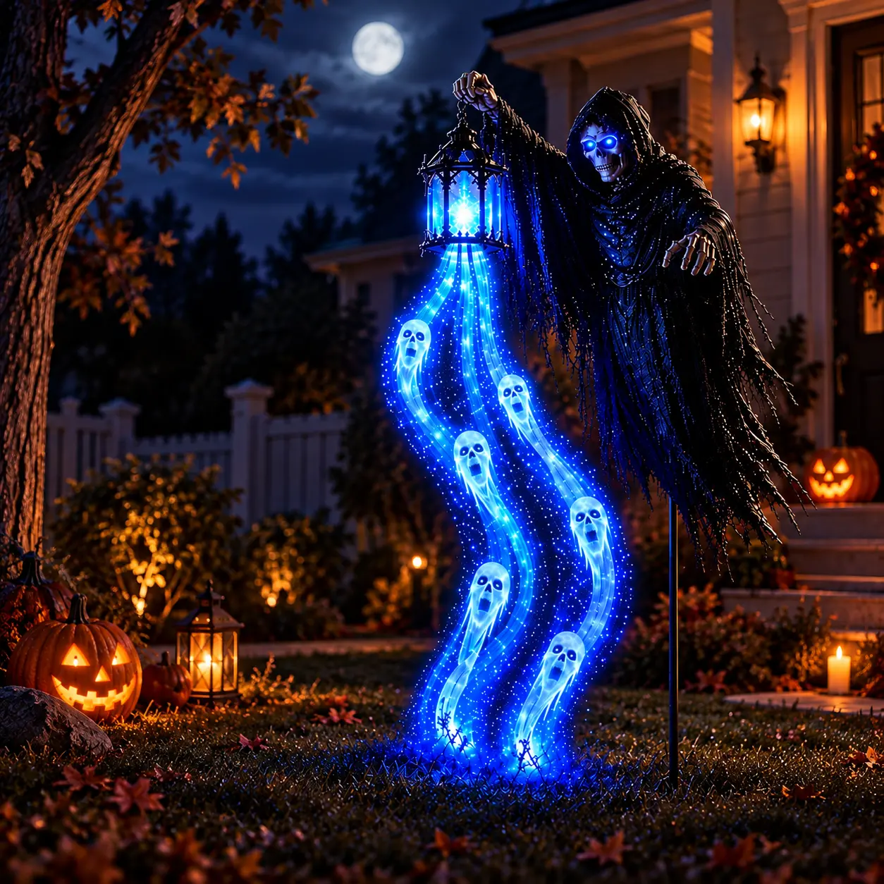 Halloween Outdoor Grim Reaper Ghost Lights, Solar Powered Blue LED Hanging Lantern with Glowing Skull Spirits, Spooky Yard Decorations for Lawn, Garden, Porch & Halloween Party