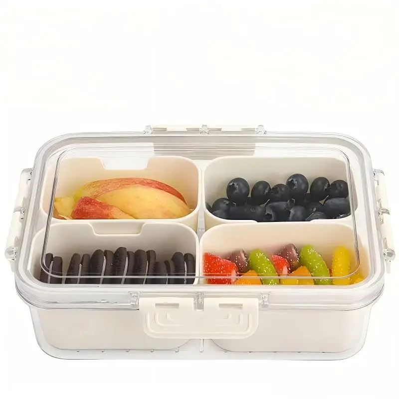 4/8 Compartment Transparent Snack Box with Lid & Handle, Plastic Kitchen Sealed Container, Portable Food Organizer for Lunch, Travel, Camping, Plastic Food Containers, Food Storage, Clear Container