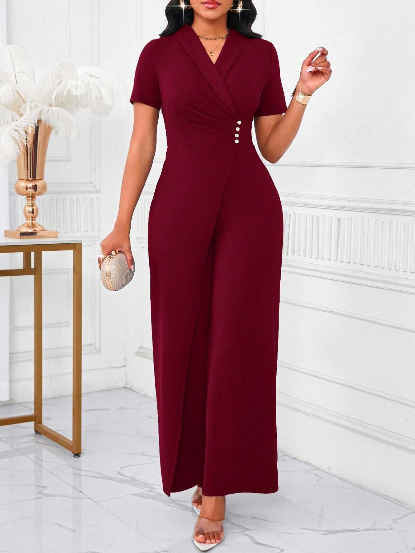 Spring Summer Slim Fit Women's Jumpsuit, Cross Neck Pure Color Single Button Waist Cinching Long, St Patrick's Day Party Wedding Season