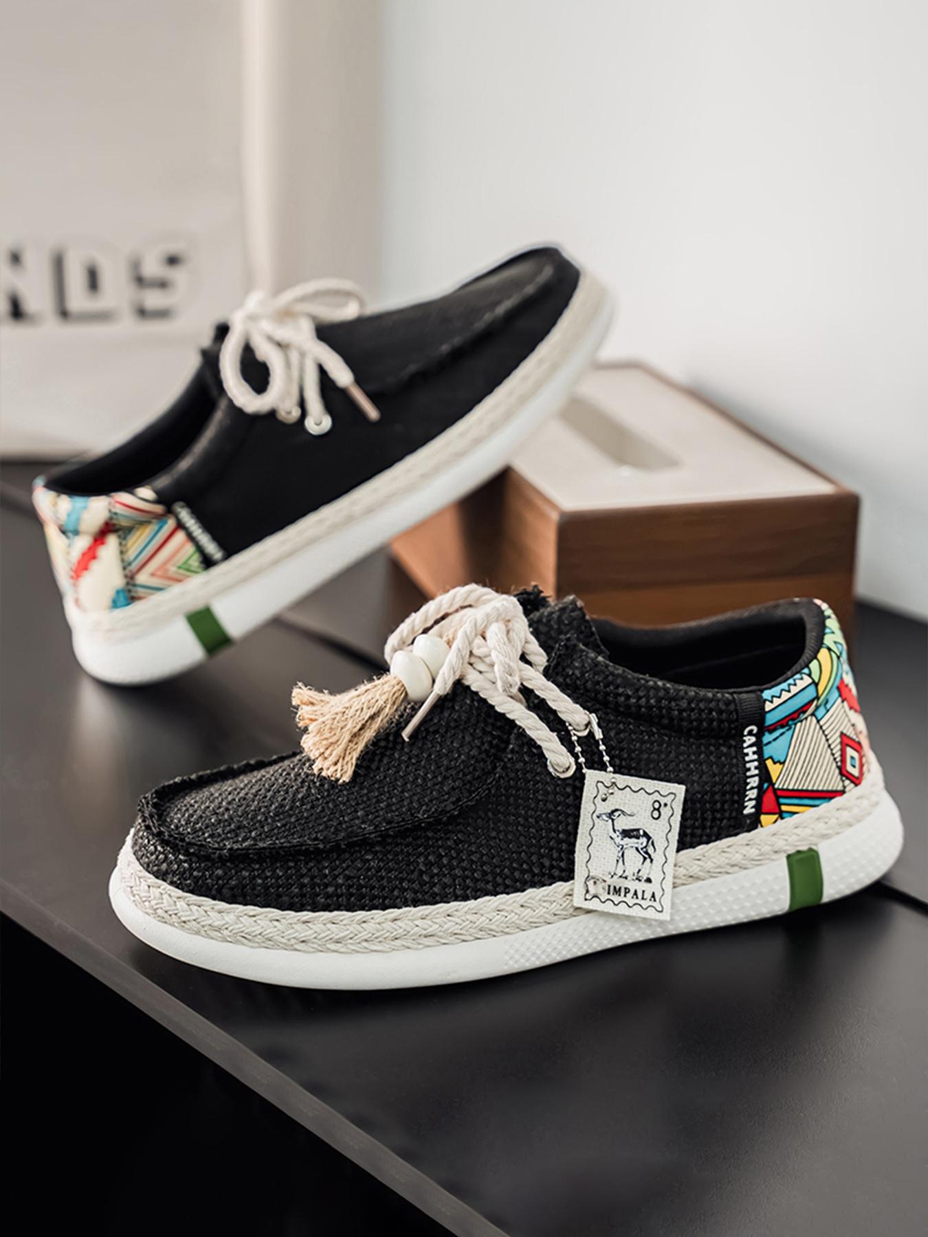 Summer New Men's Linen Shoes, Breathable Non-Stuffy, Colorblock Geometric Pattern, Fringe Decor, Retro Ethnic Style, Comfortable Thick Sole