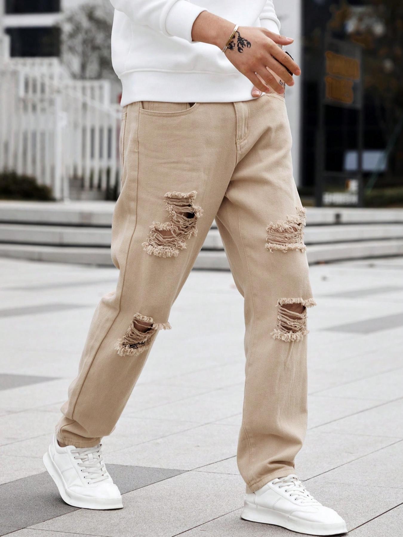 Men's Street Style Skinny Fit Jeans with Ripped Details, All-Season Casual Fashion, Perfect Gift for Husband or Boyfriend