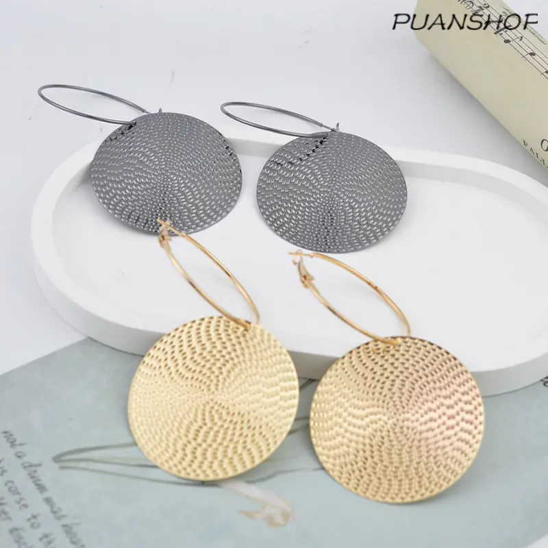 Large Textured Disc Hoop Earrings, 2 Colors Gold Silver Statement Dangle Earrings for Women