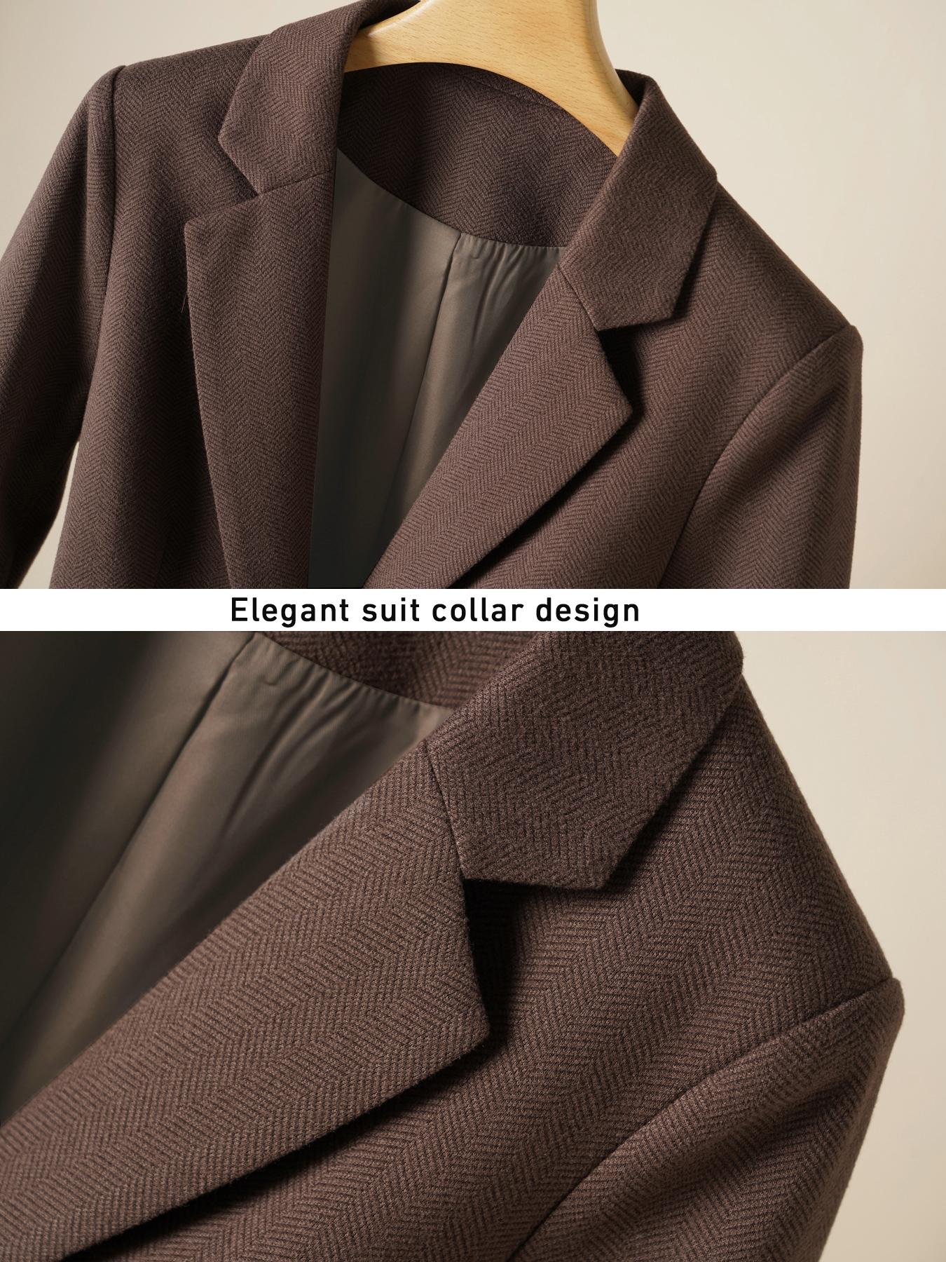 Women's Coffee Faux Wool Blend Blazer Jacket Suits, Fall & Winter Fashion Commuter Warm Long Sleeve Workwear Casual Top