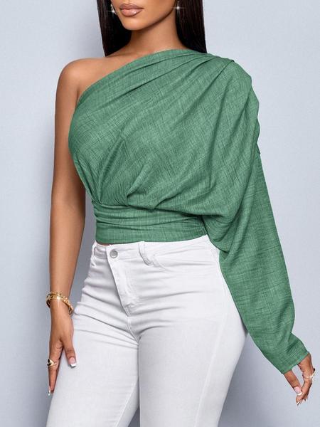 Aliling Sexy Elegant Women's One-Shoulder Long Sleeve Shirt Crop Top Slim-Fit Woven Fabric Casual Fashion for Spring or Summer