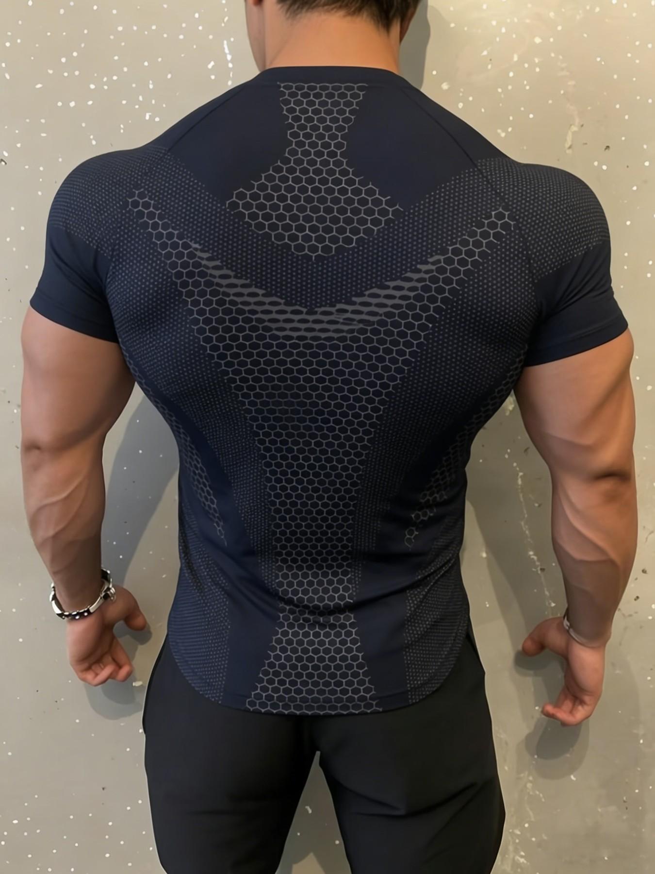 Trendy Snake Print Gym Short Sleeve Quick-Dry High Elastic Tight Fit Tee, Iron Training Show Figure Versatile Sports Top