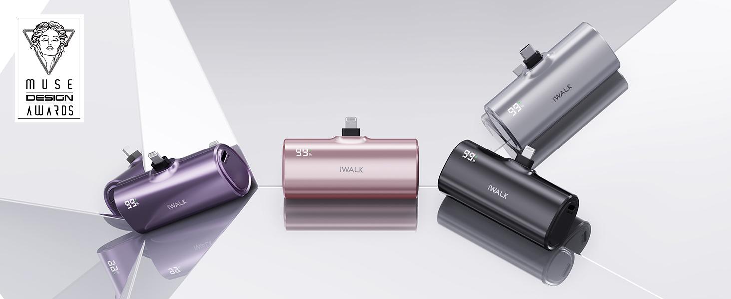 iWALK 5000mAh Portable Charger with 2 Exchangeable Plugs USB-C and Lightning, Mini Power Bank for iPhone 17/16/15/14/13/12/11, Samsung S25/S24/S23, AirPods - Purple Earbuds Silicone Durable Protection power bank