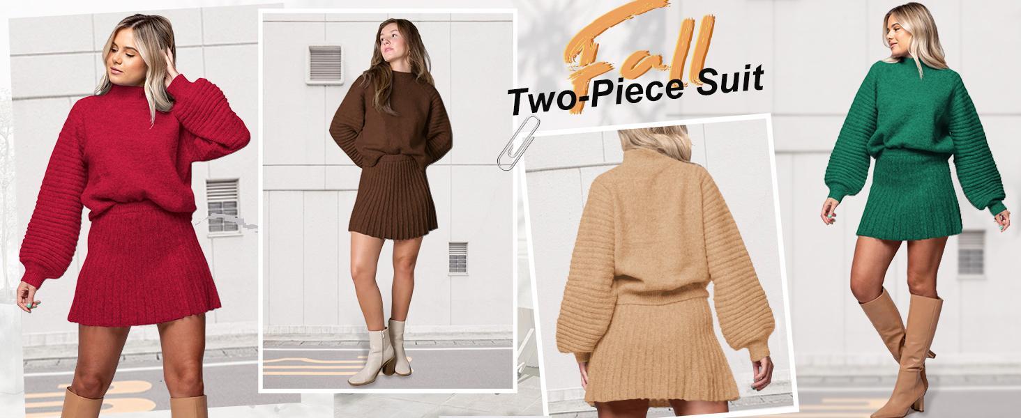 Women's 2-Piece Fitted Outfits - 2026 Long-Sleeve Mock Neck Soft Ribbed Knit Sweater & Puff Sleeve Mini Skirt Set, Easy Dress-Up Casual Fall Winter Fashion Women's 2-Piece Fitted Outfits - 2026 Long-Sleeve Mock Neck Soft Ribbed Knit Sweater & Puff Sleeve Mini Skirt Set, Easy Dress-Up Casual Fall Winter Fashion