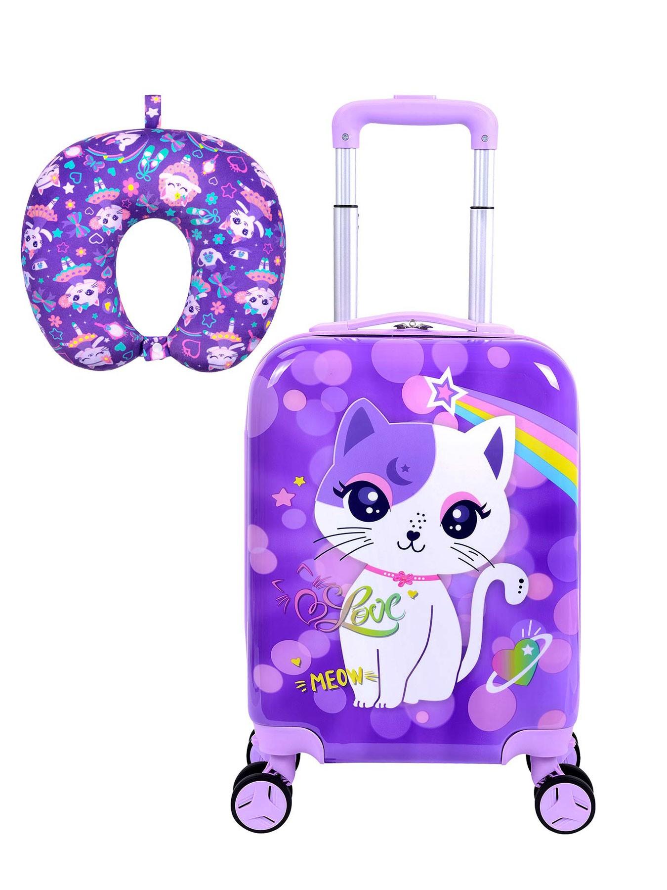 1 Set Kids Luggage Set, Cute Cartoon Cat Print Hard Shell Suitcase with U-Shaped Neck Pillow, Lightweight Rolling Carry On Luggage for Girls, Travel Trolley Case for School Trip, Vacation, Airplane