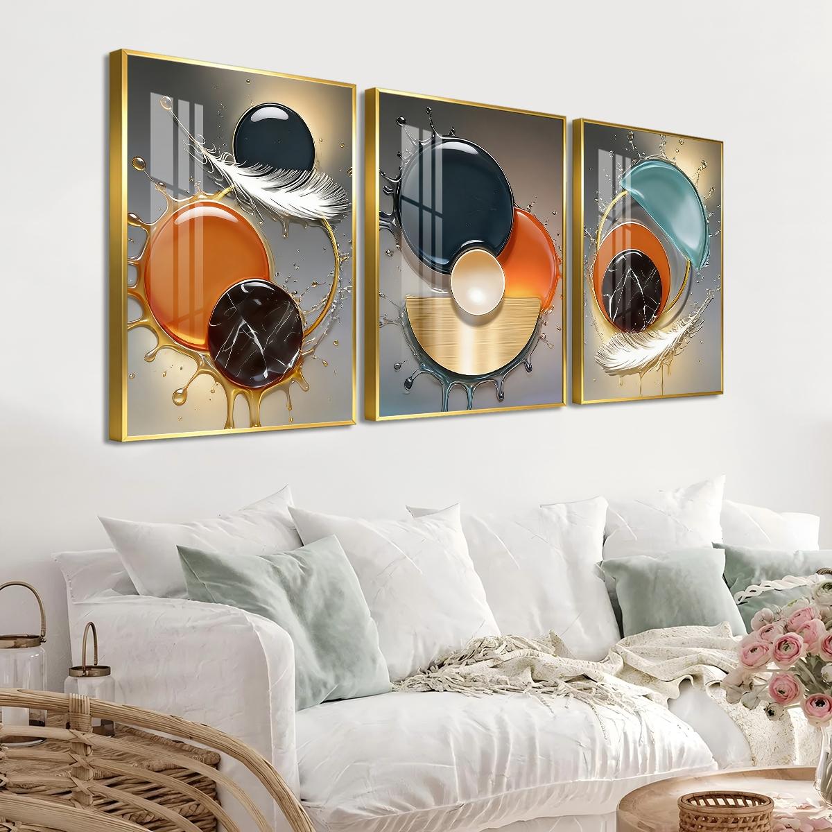 3 Counts Aluminum Alloy Framed Painting, Abstract Color Liquid Splash And Feather Art, Home Decoration For Living Room, Bedroom, Office, Restaurant, Hallway Wall Decor, Odorless Print Artwork, Luxury Perfect Gift For Friends And Family