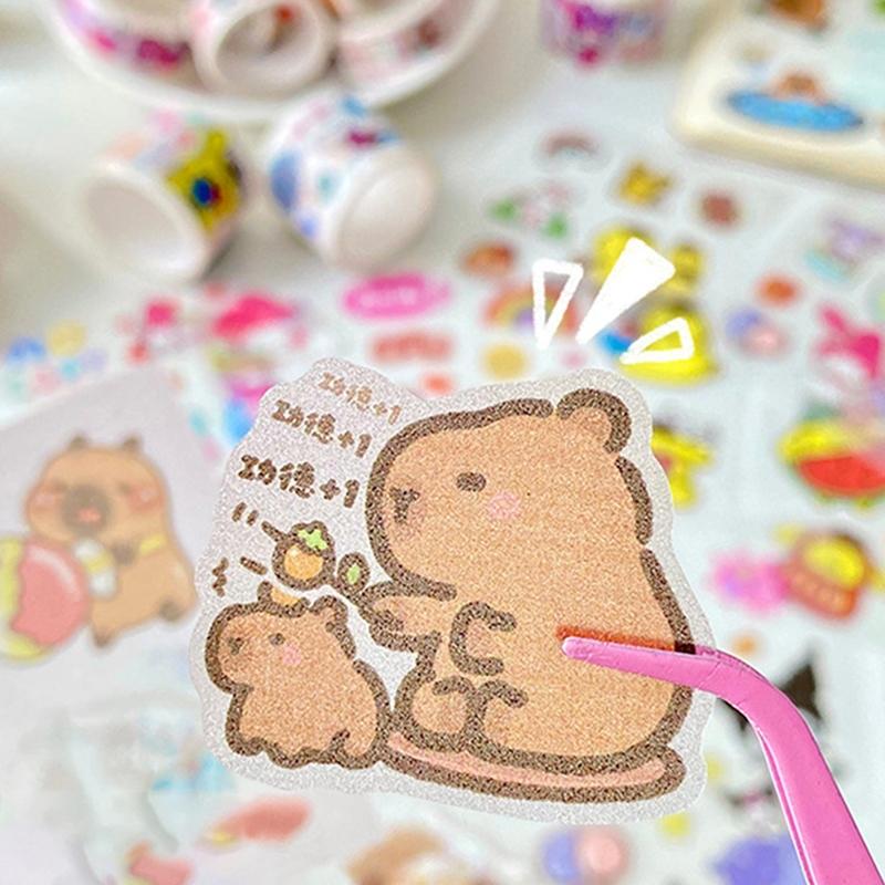 Capybara Themed Stationery Gift Set, 4 rolls of tapes and 4pcs stickers, DIY decorative stickers, suitable for decorating stationery, books, laptops, water bottles, mobile phone cases