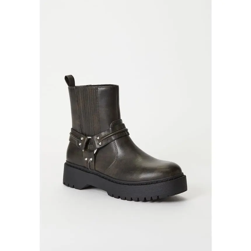 JUST FAB Women's Distressed Faux Leather Chelsea Boots  2" Lug Sole Harness Moto Ankle Booties, Pull-On Chunky Platform Boots