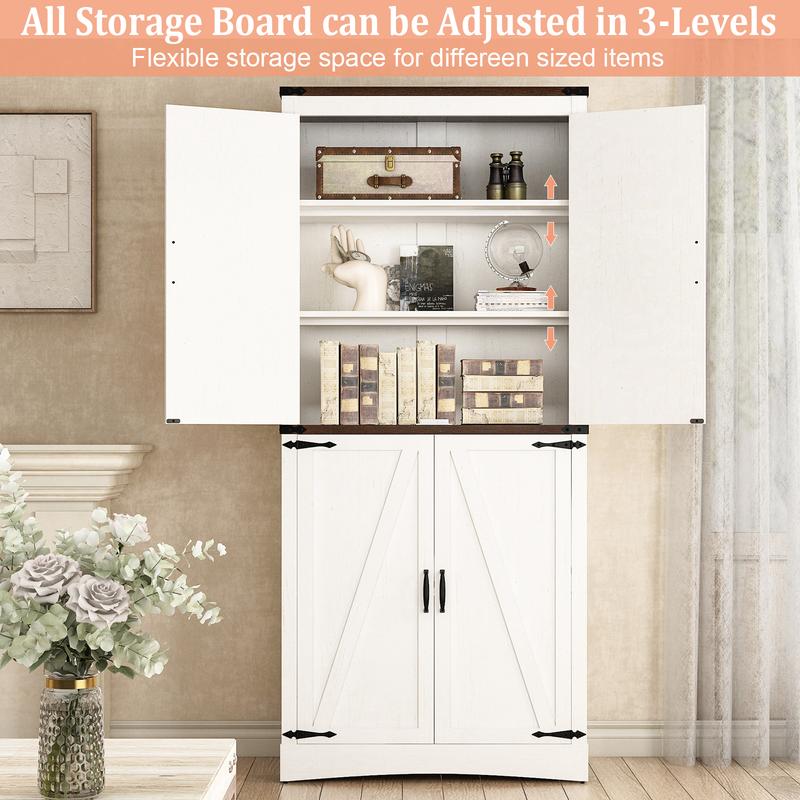 71in Farmhouse Kitchen Pantry Cabinet,Tall Storage Cabinet with 4 Doors and Adjustable shelves,with Load-Bearing Steel Pipe,Wood Storage Cabinets for Kitchen,Dining Room,Bathroom(Black/Brown/Light Rustic Oak/White/Rustic Blue)
