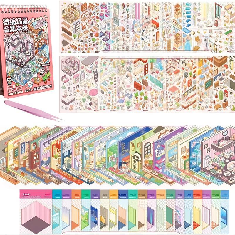 [Realize Sticker Freedom Here] 20 Scenes + 25 Stickers Microscopic Scene Collection Book Set, 3D Vision Scene Stickers, DIY Stickers, Micro Small Houses, Micro Stickers Kit Self-Adhesive Rhinestone Jewel Stickers Scrapbooking