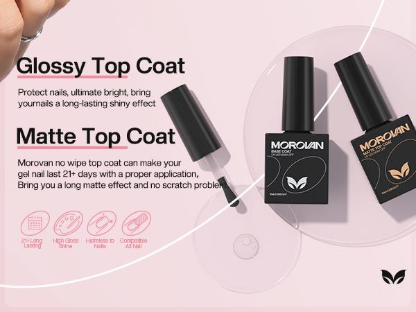 Morovan Gel Base Top Coat: No Wipe Gel Shine Matte Top and Base Coat Set - Soak Off Nail Lamp Long Lasting Top Coat Nail Polish and Gel Base Coat for Women Salon DIY
