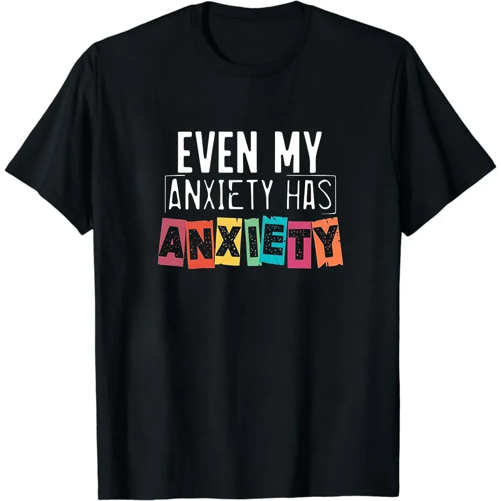 Color Block Even My Anxiety Has Anxiety Graphic Tee, Black Crew Neck Mental Health Short Sleeve Casual Daily Top