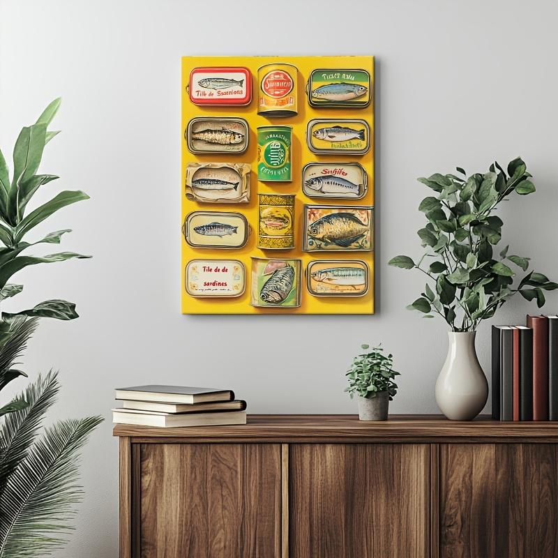 Vibrant Sardine Can Art Canvas Print - 30.48x 40.64cm Colorful Seafood Can Illustration Framed Wall Decoration, Yellow Background, Perfect for Kitchen, Living Room or Breakfast Nook, Vibrant Character Art Style Home Decor, Sardine Decoration, 2D Flat, Per