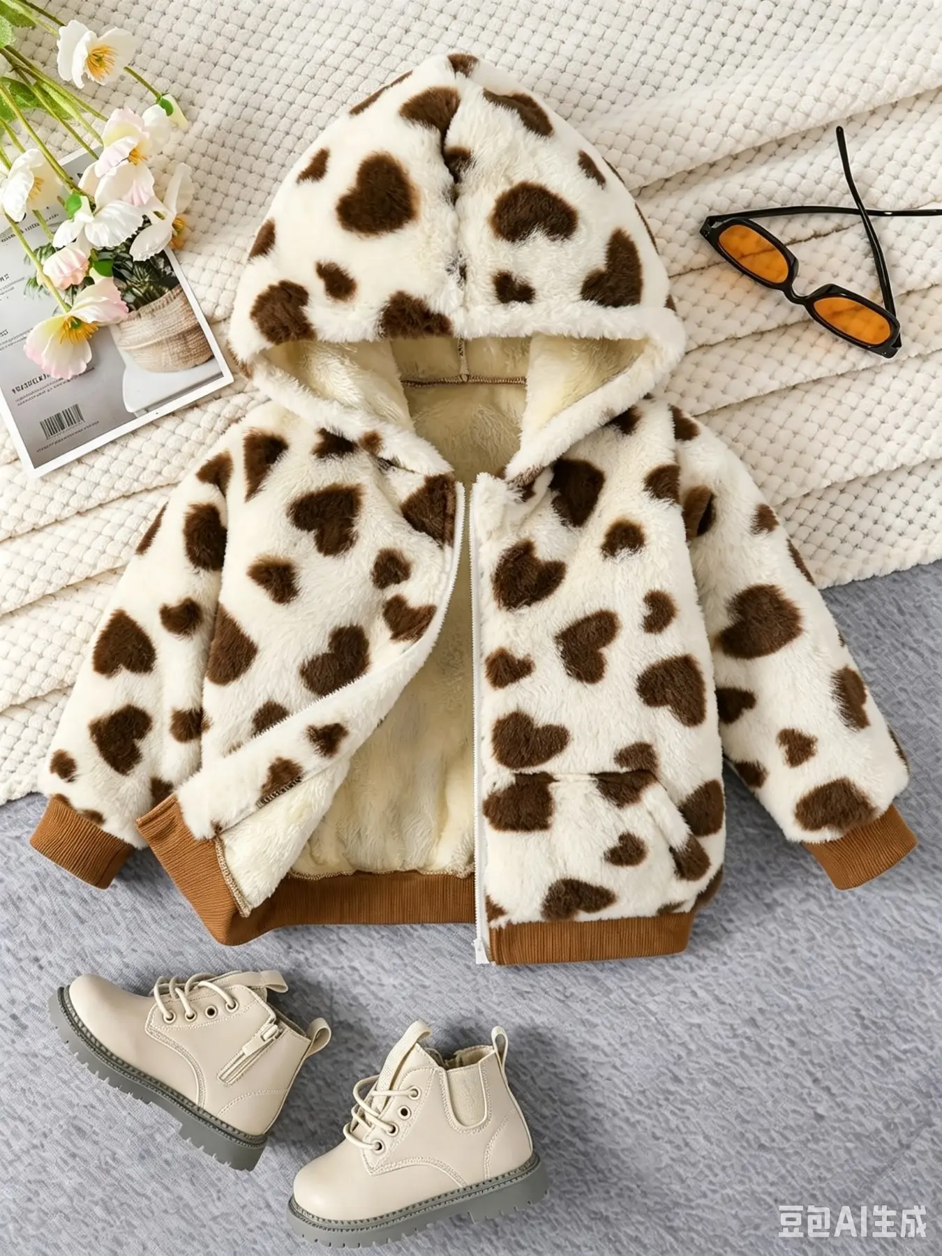 Autumn Winter Fleece Lined Thick Hooded Zipper Jacket, Girl's Heart Print Top, Comfortable Warm Outdoor Wear, Toddler Fleece Jacket, Toddler Zip Up Hoodie