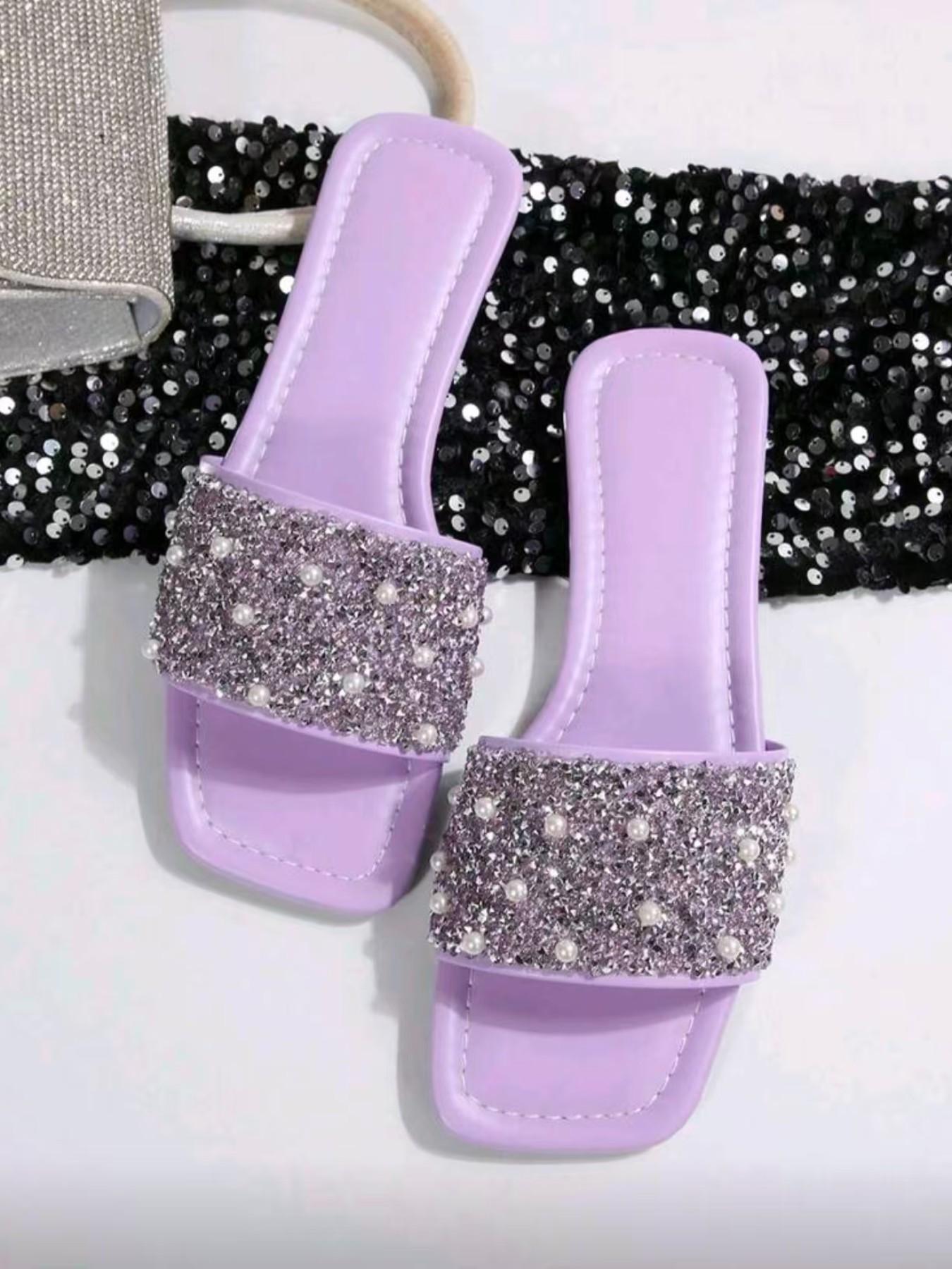 Rhinestone Pearl Slippers, Women's Flat Soft Sole Sandals, Anti-Slip Casual Shoes, Fashionable Home & Outing Footwear