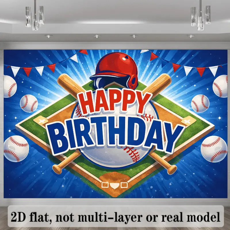 2D Falt,Baseball-Themed Birthday Backdrop with "HAPPY BIRTHDAY" Text - Baseball-Shaped Border, Pennant Flags & Confetti Decorations Suitable for Parties, Photo Booth Backgrounds, Graduations, Weddings - Durable for Sports Decorations